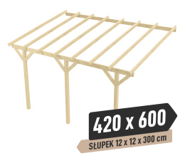 Wiata | KVH Sucha Premium - 420 x 600 cm - słupki 12x12x300 cm garażowa przyścienna - zastrzał prosty